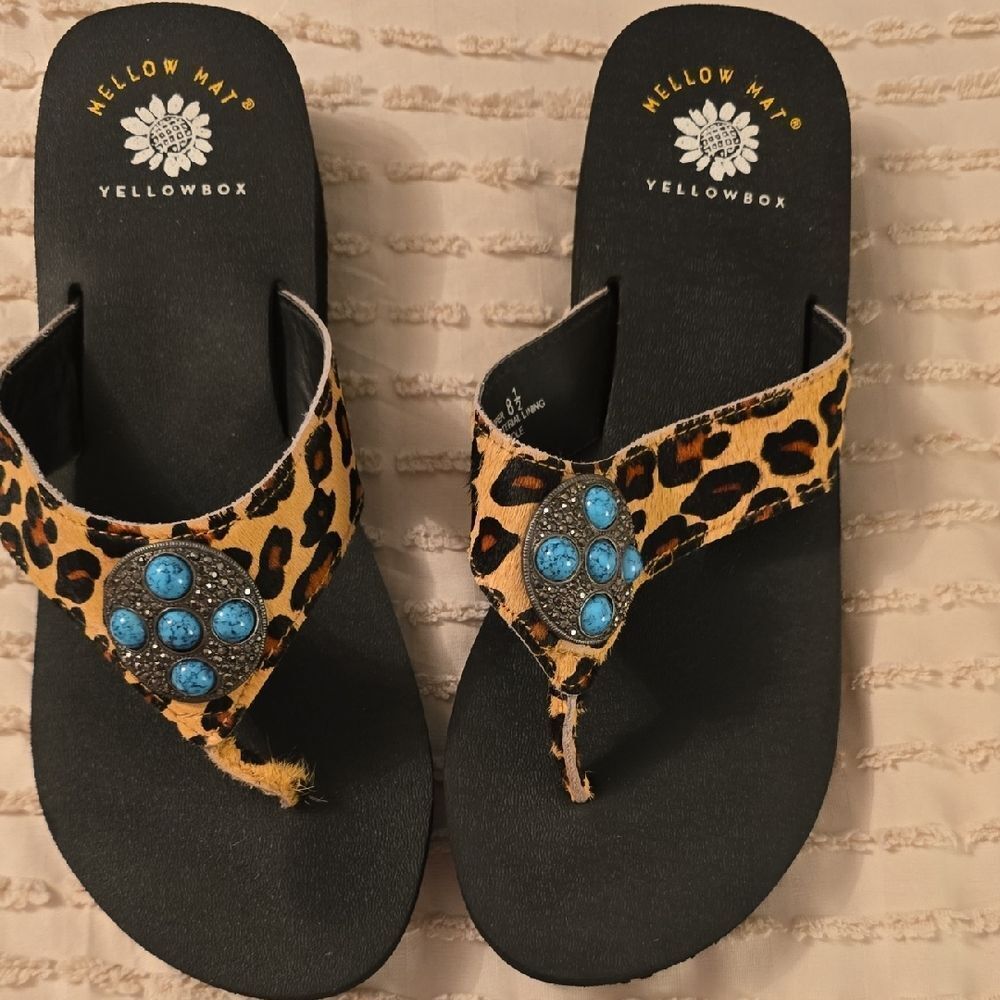 Yellowbox Leopard Print Flip Sandals with Turquoise Conchos